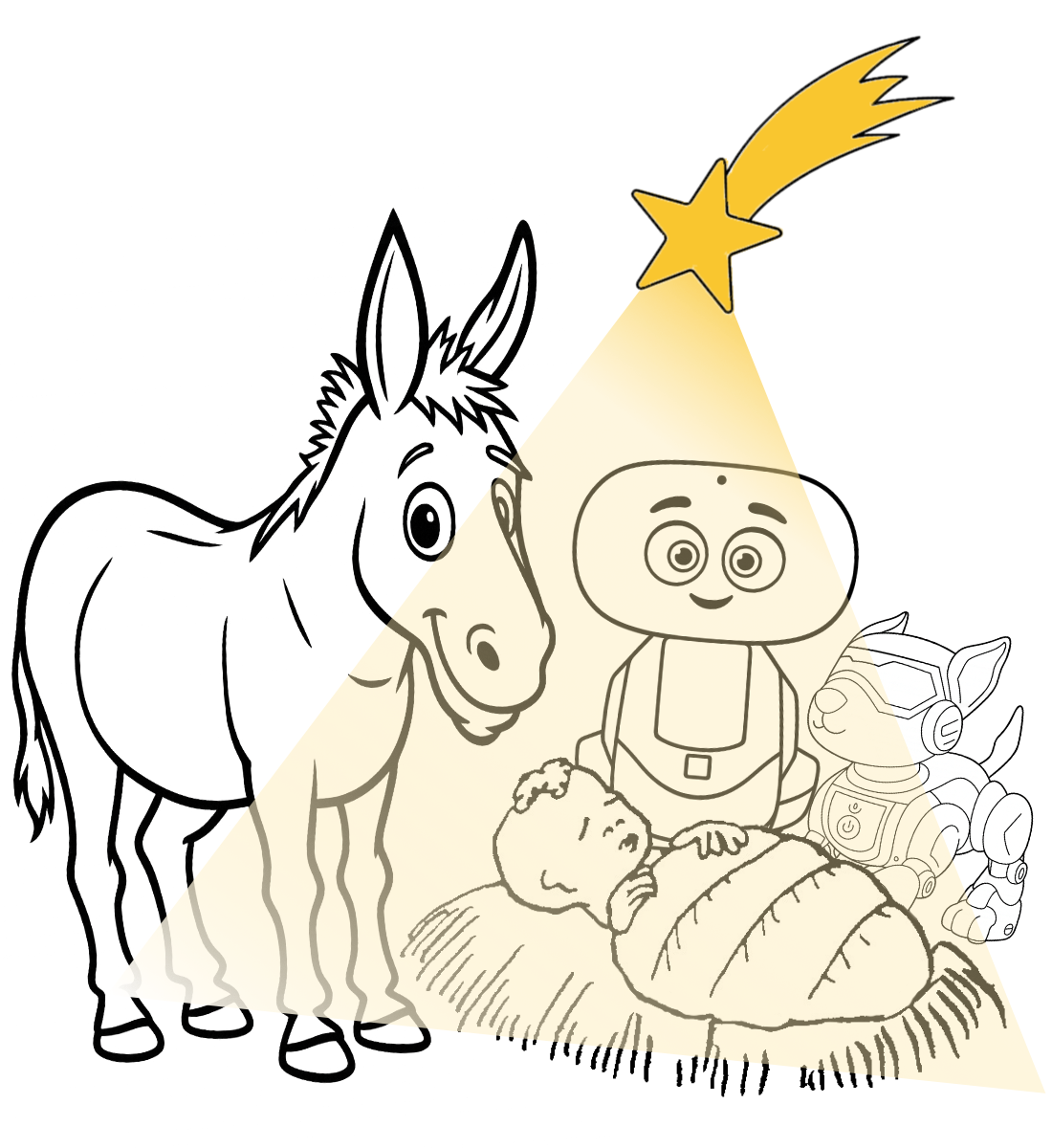 Miko, Roboterhund und Esel bunt