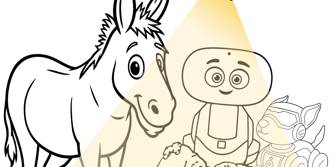 Miko, Roboterhund und Esel bunt